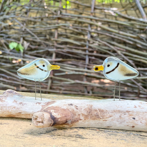 a pair of brown and white fused glass piping plovers are perched on driftwood, in front of a background of branches