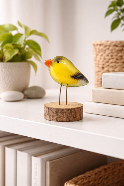 Load image into Gallery viewer, Decorative goldfinch bird figurine on a wooden base on a white surface with plants and books in the background.
