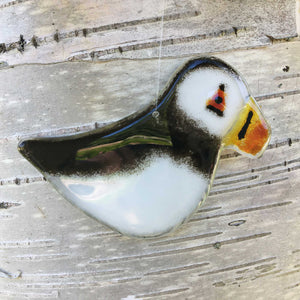 Hanging Puffin with Birch Tree background