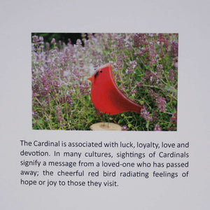 A picture of the reverse of a greeting card. On the reverse is a picture of a cardinal in hyssop and a small paragraph of text
