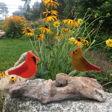 Load image into Gallery viewer, A pair of male and female cardinals made of glass, perch on driftwood in a garden in front of some Black-eyed Susan flowers
