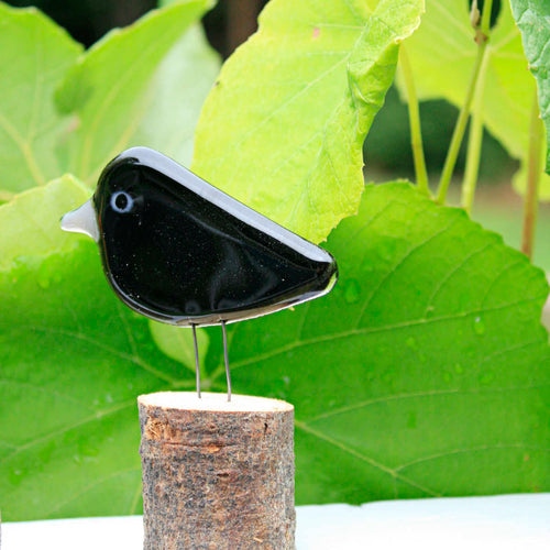 A shiny black glass bird perches on a log in front of a bright green grape vine leaf
