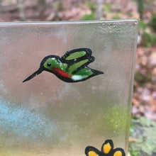 Load image into Gallery viewer, close up of a green and red ruby throated hummingbird made of glass
