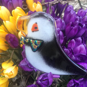Puffin in Bow-Tie (Hanging Glass Ornament)