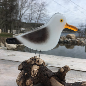 Seagull Ornament. Black, slate and white glass bird with orange beak and yellow eyes.