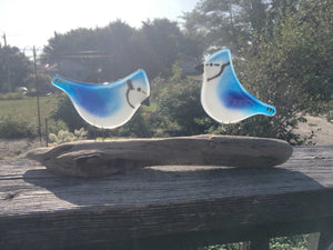 Pair of Glass Blue Jay Ornaments on Driftwood