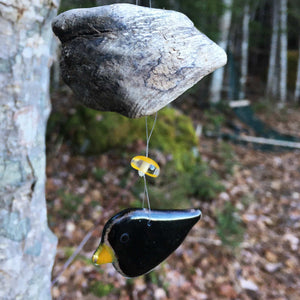 glass blackbird and driftwood mobile ornament