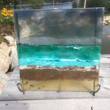 Load image into Gallery viewer, A handcrafted beachscape glass panel in an iron stand
