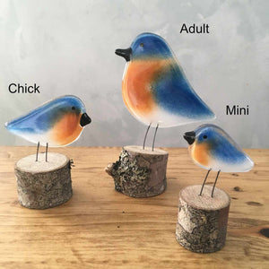 Three different sized glass eastern bluebird chicks perched in logs