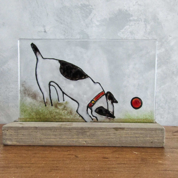 Charger l&#39;image dans la galerie, Black and White Terrier Dog Digging for his ball (glass picture)
