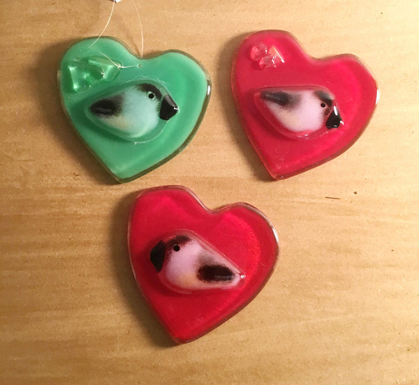 Load image into Gallery viewer, Three Fused Glass Red and Green Chickadee Hearts
