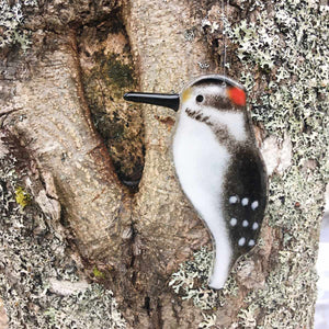 Black and white bird with red head and long pointed beak. Hairy Woodpecker glass ornament