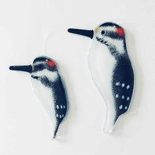 Load image into Gallery viewer, Two glass black, white and red birds created to look like Hairy Woodpeckers
