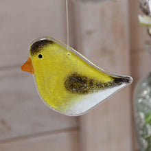 Load image into Gallery viewer, Yellow, Black and White Glass Hanging Bird in the colour pattern of a Goldfinch
