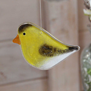 Yellow, Black and White Glass Hanging Bird in the colour pattern of a Goldfinch