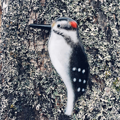 Black and White and Red Glass Hairy Woodpecker hanging ornament