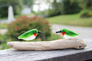 Pair of Glass Ruby Throated Hummingbirds on Driftwood