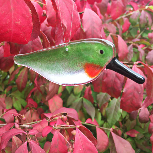 Ruby Throated Glass Hummingbird hanging in a Burning Bush by The Glass Bakery Ltd