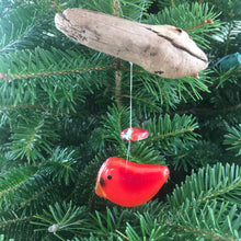 Load image into Gallery viewer, Red cardinal mini glass bird hangs from Driftwood on a Christmas Tree
