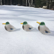 Load image into Gallery viewer, Three Glass Mallard Duck Ornaments in the snow
