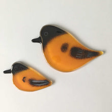 Load image into Gallery viewer, Two black and orange glass Baltimore oriole hanging bird ornaments
