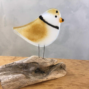 A piping plover ornament perching on driftwood on a distressed pine table.