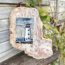 Load image into Gallery viewer, A glass picture of peggys cove lighthouse on a driftwood board
