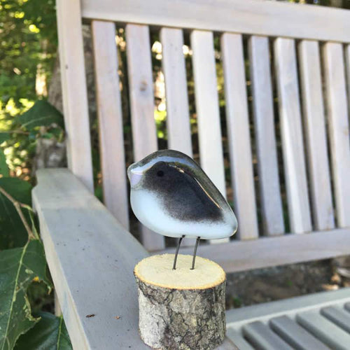 Grey and White fused Glass Junco perched on a log