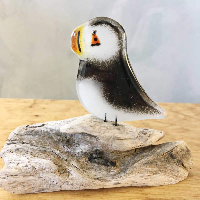 Black and White Glass Puffin Chick Ornament on a Driftwood Stick
