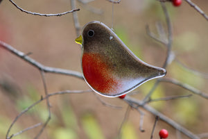 Red and Brown Glass Adult Robin Hanging Ornament in Tree: Ornaments by The Glass Bakery