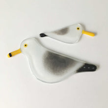 Load image into Gallery viewer, Two glass black, grey and white birds with yellow beaks, created to look like Gulls
