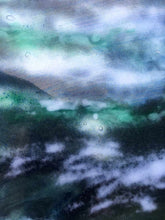 Load image into Gallery viewer, Close up photo of a glass landscape powder painting in various shades of greens, blues and browns.
