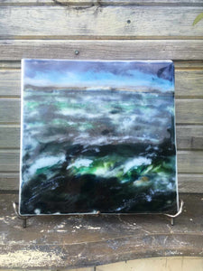 Landscape palette knife painting created from glass powders. The scene is of a turbulent ocean in St Margaret's Bay