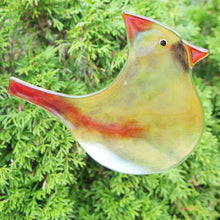 Load image into Gallery viewer, Large Amber and Flame Red Glass Cardinal Bird hanging ornament with cedar tree in the background

