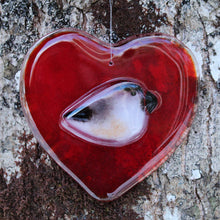 Load image into Gallery viewer, Red glass heart with chickadee
