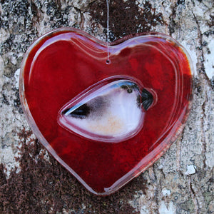 Red glass heart with chickadee