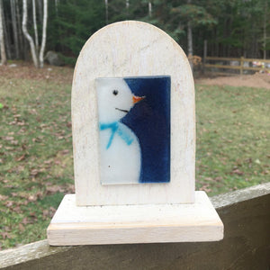 fused glass Christmas snowman ornament on wood
