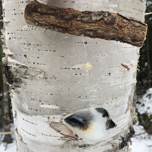 A small glass chickadee bird hangs on monofilament from a small branch. There is a yellow bead of glass between the bird ornament and the branch. 