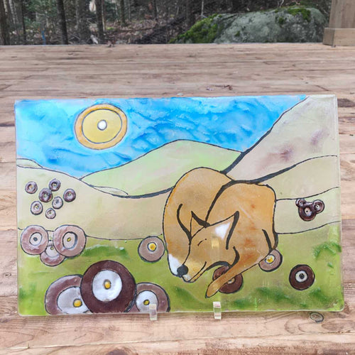 tile of fused glass fox with vinyl records