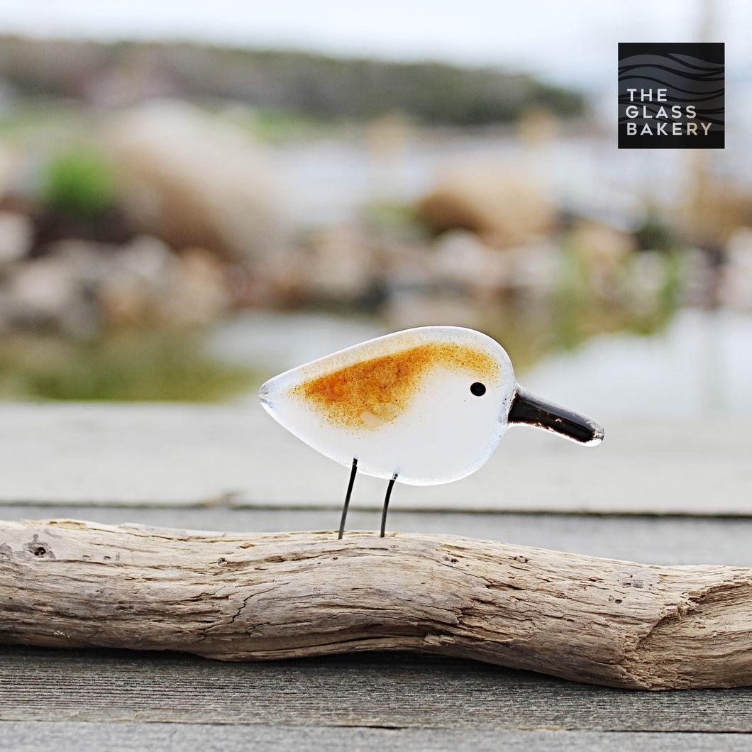 Baby brown and white sandpiper made from glass, sits on driftwood. In the background is a watery scene.