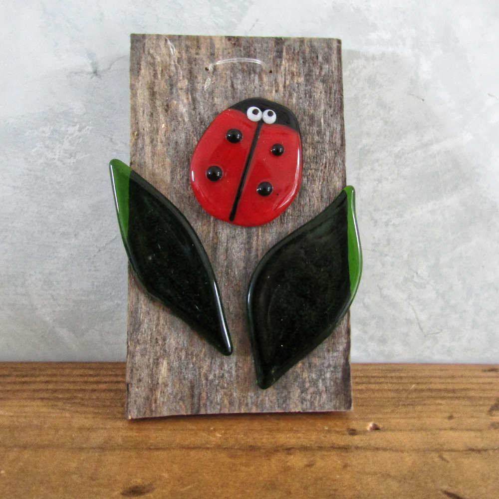 Glass Ladybird on barn wood