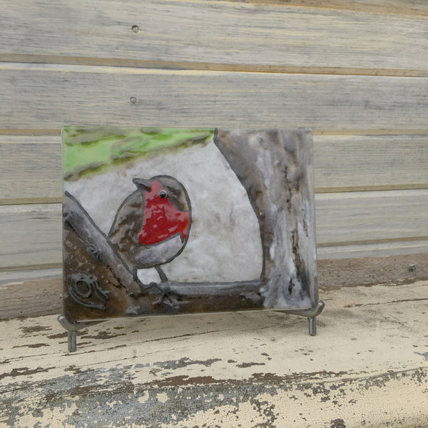 Load image into Gallery viewer, Glass tile featuring a British Robin picture by The Glass Bakery
